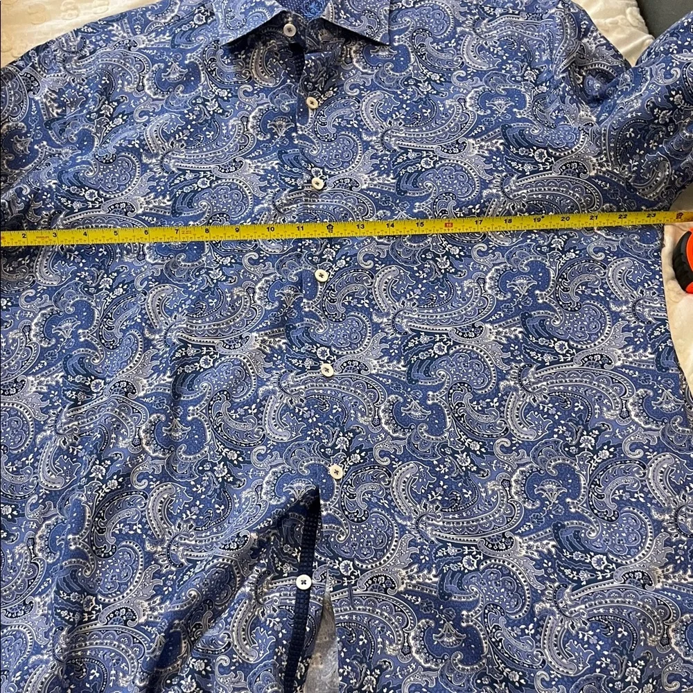 Bugatchi Blue and White Paisley Shaped Fit Men's Shirt - Picture 7 of 8